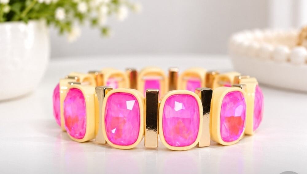 Yellow Alloy Hot Pink AB Crystal Inlay Stretch Bracelet